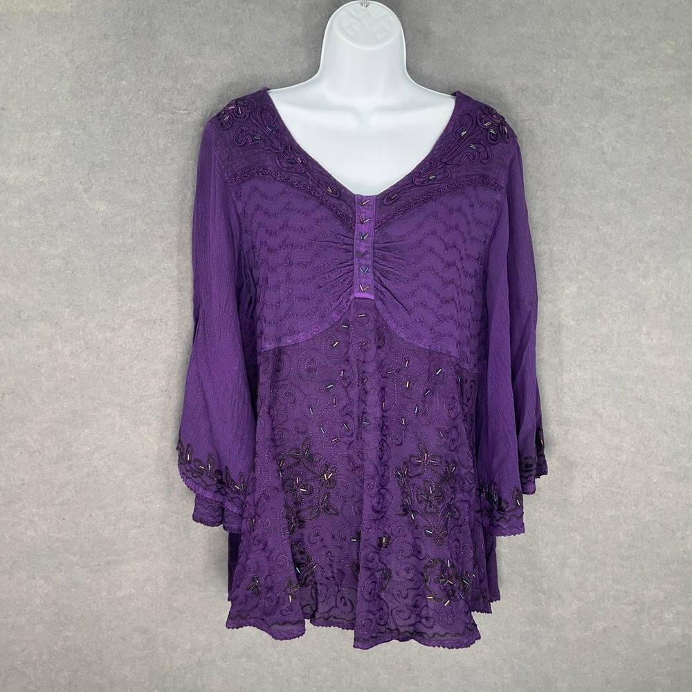 Agan Traders Top‎ Sz L Purple Embroidered Beaded Gypsy Peasant Boho Romantic